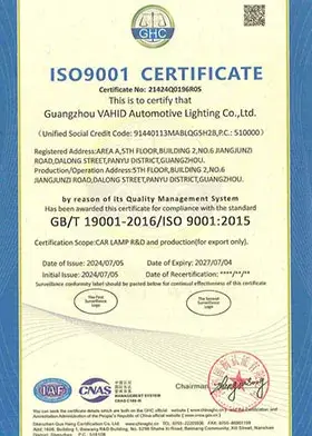 Certificado ISO9001 n.º 21424Q0196R0S de Guangzhou VAHID Automotive Lighting Co.,Ltd.