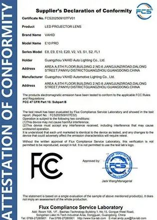 Declaración de conformidad del proveedor, certificado n.º FCs202509107FV01, producto:..