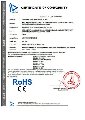 Certificado de conformidad n.º HRL25090899908 — RoHS CE